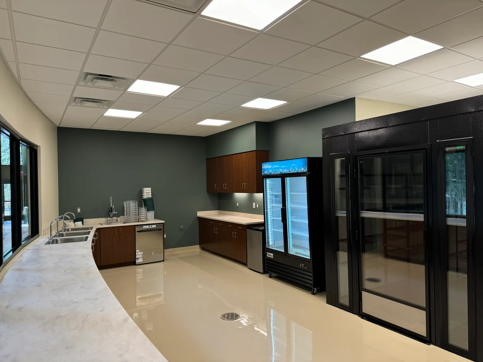 Office break room with a dark green accent wall and white ceiling
